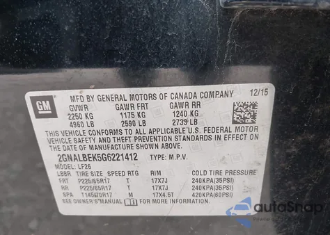 2016 Chevrolet Equinox Ls из США, поврежденный, VIN 2GNALBEK5G6221412